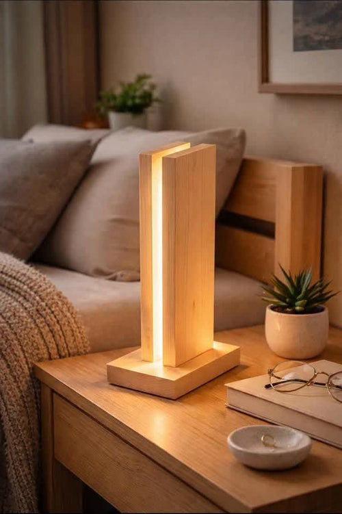 Lumina wooden lamp glowing on a bedside table