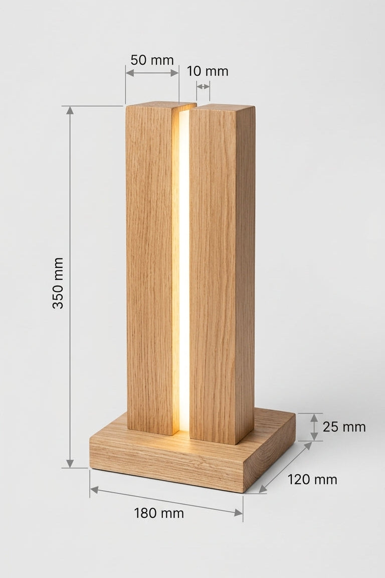 Lumina wooden lamp dimensions: 350 mm high with a 180 by 120 mm base