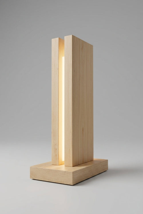 Minimalist natural wood Lumina lamp glowing warm white