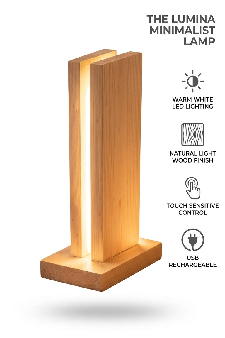 Lumina minimalist wooden lamp with warm white LED, touch control, and USB rechargeability